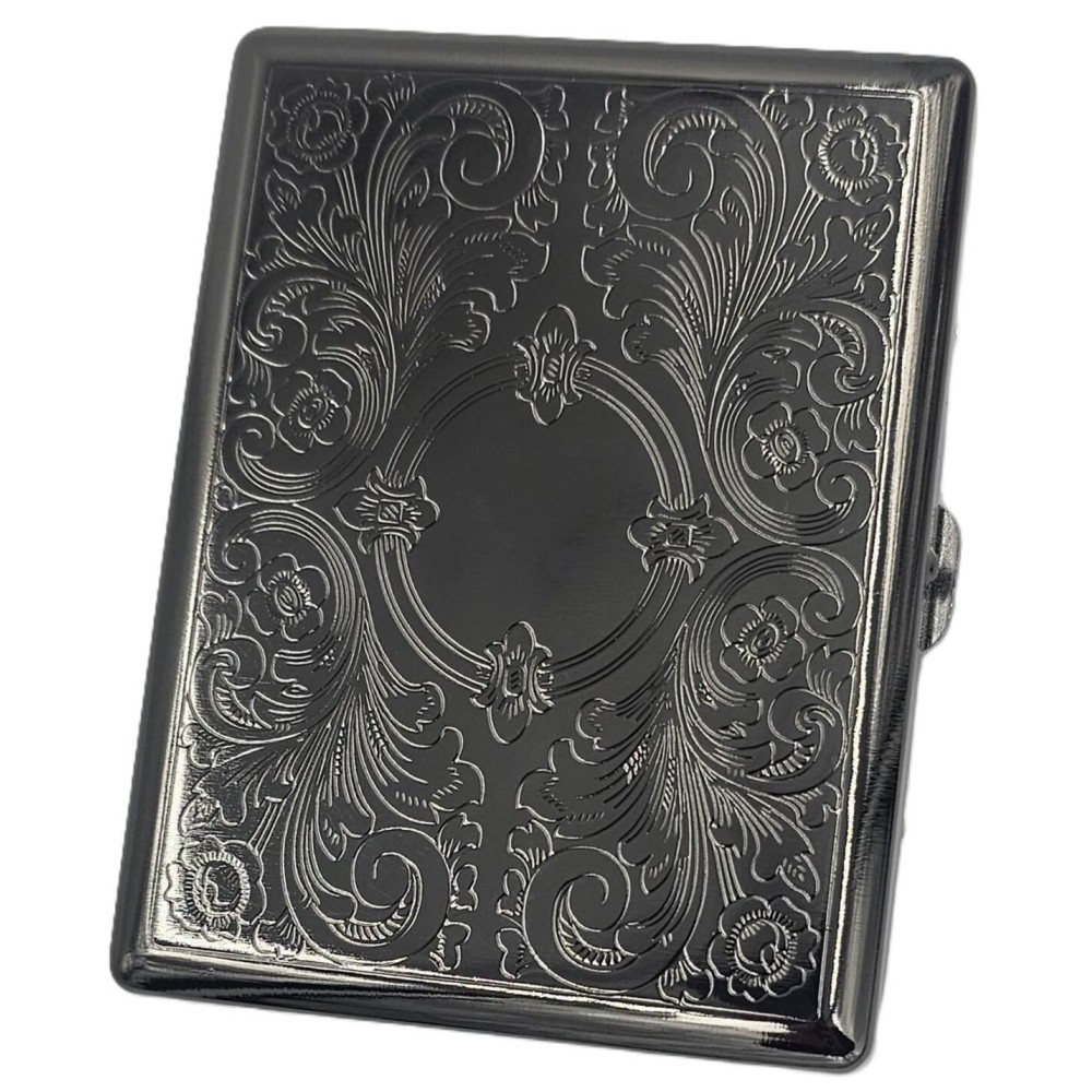 Retro Cigarette Case Victorian Style Metal Holder for Regular, King and 100\'s Size Credit Card Holder Pocket, Large with Flower Pattern RFID Protective Security Wallet (EL100-Black)