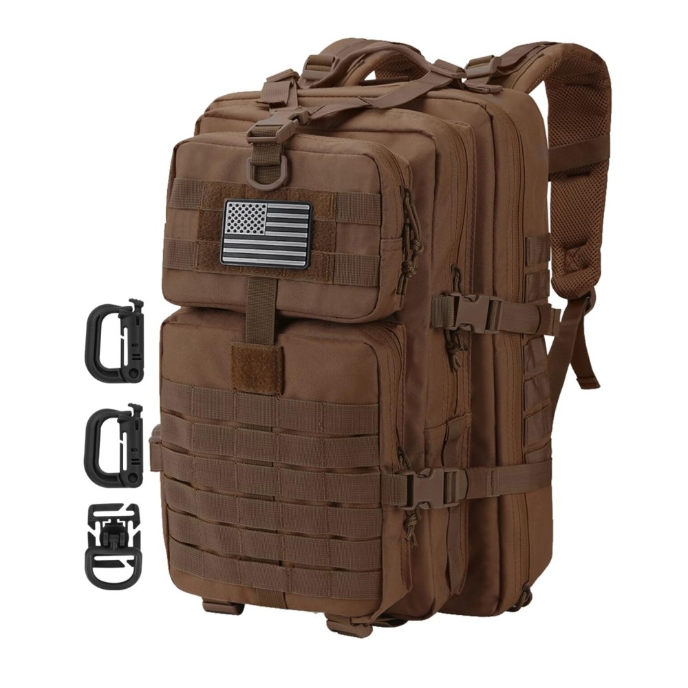 Hannibal Tactical MOLLE Assault Backpack, Tactical Backpack Military Army Camping Rucksack, 3-Day Pack Trip w/USA Flag Patch, D-Rings, Dark Brown