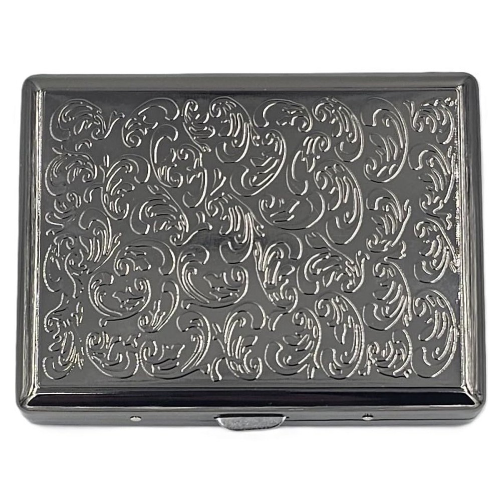 Retro Cigarette Case Victorian Style Metal Holder for Regular, King and 100\'s Size Credit Card Holder Pocket RFID Protective Security Wallet (FLO100-Black)