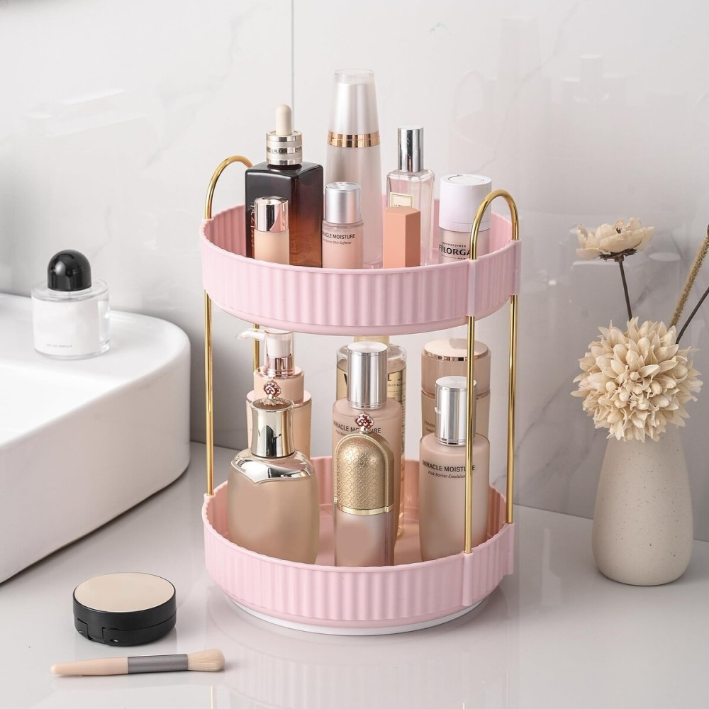Aveniee 360 Rotating Makeup Organizer for Vanity, Skincare Perfume Organizers, Bathroom Countertop Organizer and Storage, Clear Cosmetics Lipstick Holder for Dresser,2 Tiers, Pink