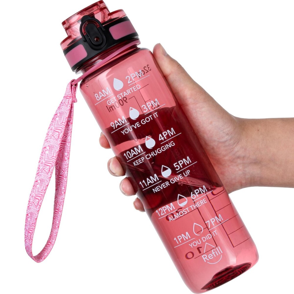 OLDLEY Water Bottle, 32oz Motivational Sports Water Bottle with Time Marker - Times to Drink - Tritan, BPA Free, Wide Mouth Leakproof,Clear Red