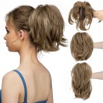CJL HAIR Claw Clip Short Ponytail Hair Extensions Bendable Metals Messy Bun Hair piece Wavy Curly Fake Hairpieces Brunette/Ash Blonde