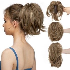 CJL HAIR Claw Clip Short Ponytail Hair Extensions Bendable Metals Messy Bun Hair piece Wavy Curly Fake Hairpieces Brunette/Ash Blonde