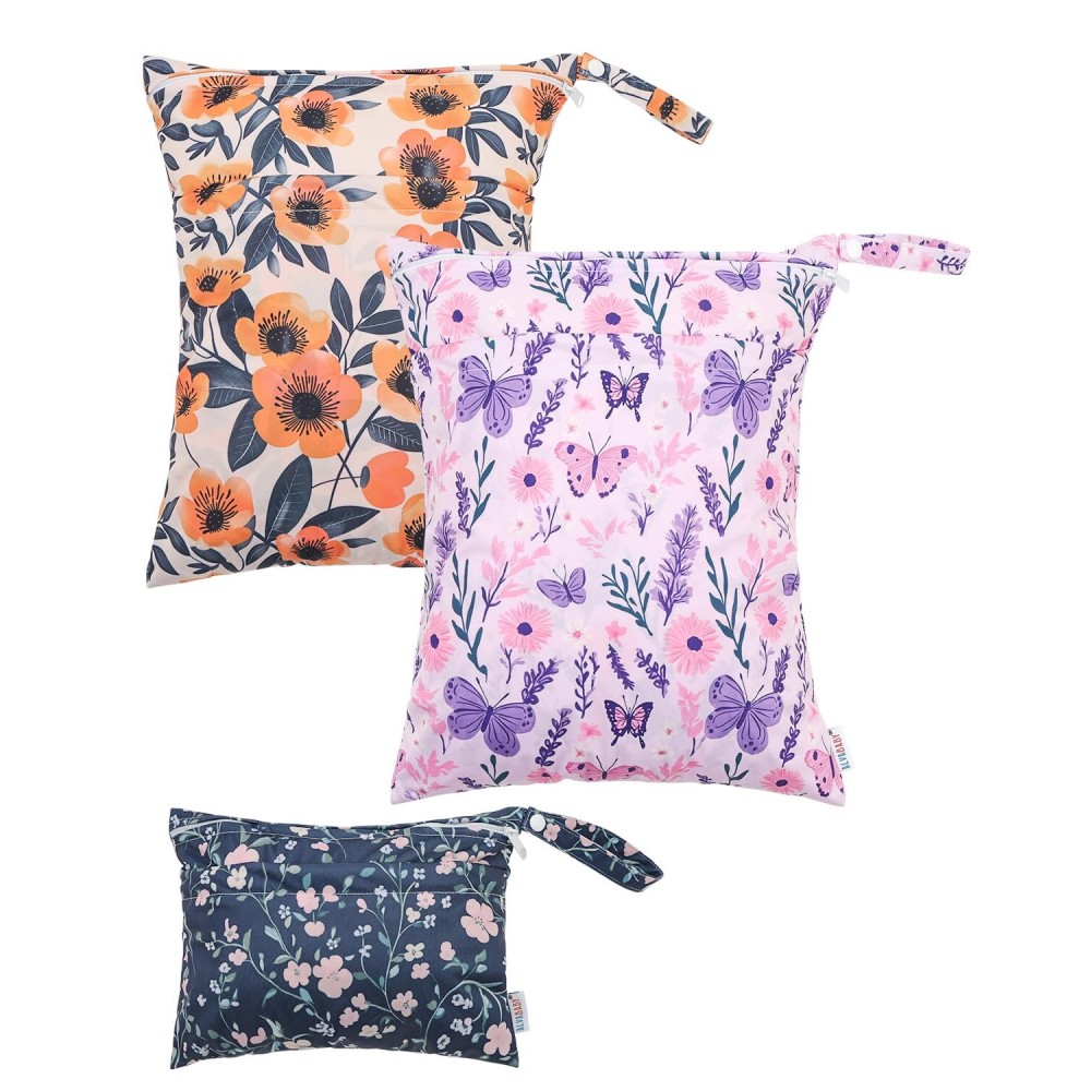 ALVABABY 3 Cloth Diaper Wet Dry Bags Waterproof Reusable with Two Zippered Pockets Travel Beach Pool Daycare Soiled Baby Items Yoga Gym Bag for Swimsuits or Wet Clothes Small medium Large 3L-SML08