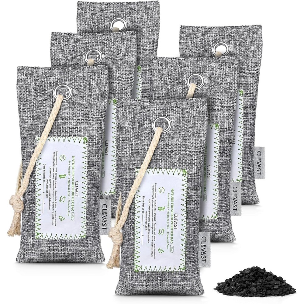 CLEVAST 6 Pack Activated Bamboo Charcoal Air Purifying Bags(6x60g), Natural Fresh Odor Absorber, Deodorizer and Moisture Eliminator, Air Purifier Bags for Home, Closet, Shoes, Car Air freshener