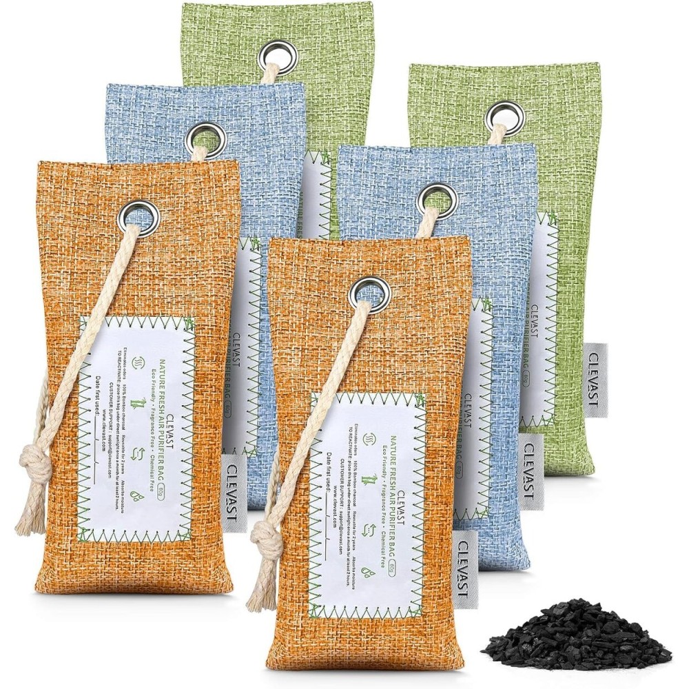 CLEVAST 6 Pack Bamboo Charcoal Air Purifying Bags(6x60g), Activated Natural Home Odor Absorber, Deodorizer and Moisture Eliminator, Purifier for Closet, Shoe, Car Air freshener, Pet Safe