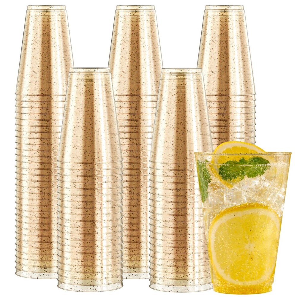 JOLLY CHEF 14 oz 200 Pack Gold Plastic Cups, Gold Glitter Heavy-Duty Disposable Cups Party Cups Tumblers, Ideal for Thanksgiving Wedding & Party