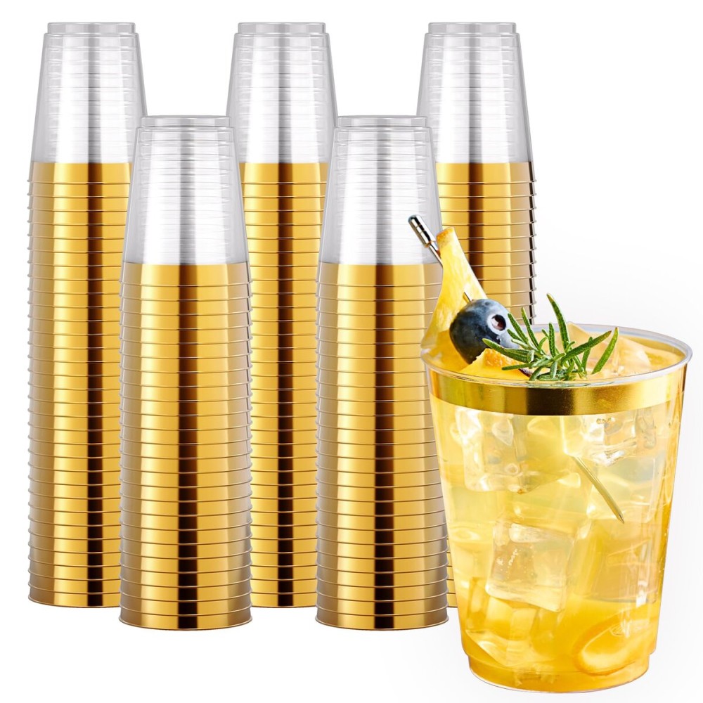 JOLLY CHEF 200 Pack 10 oz Gold Plastic Cups Elegant Gold Rimmed Disposable Cups Heavy-Duty Party Cups for Wedding, Thanksgiving, Christmas Parties