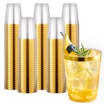 JOLLY CHEF 200 Pack 10 oz Gold Plastic Cups Elegant Gold Rimmed Disposable Cups Heavy-Duty Party Cups for Wedding, Thanksgiving, Christmas Parties