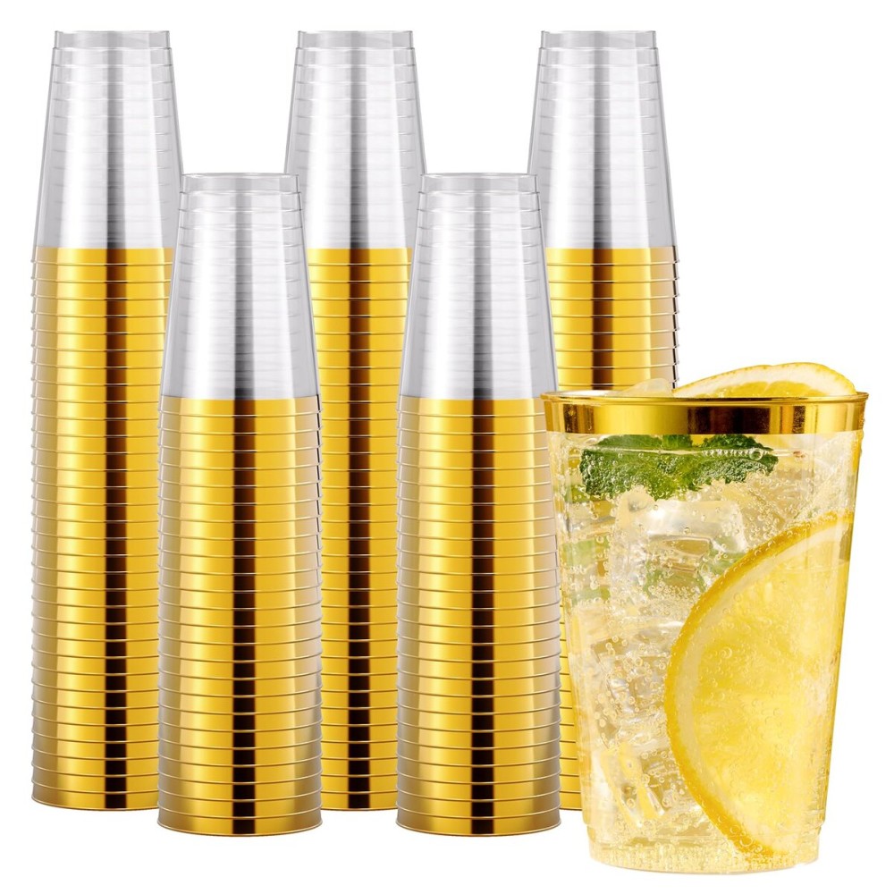 JOLLY CHEF 200 Pack 12 oz Gold Plastic Cups Elegant Gold Rimmed Disposable Cups Heavy-Duty Party Cups for Wedding, Thanksgiving, Christmas Parties