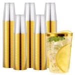 JOLLY CHEF 200 Pack 12 oz Gold Plastic Cups Elegant Gold Rimmed Disposable Cups Heavy-Duty Party Cups for Wedding, Thanksgiving, Christmas Parties