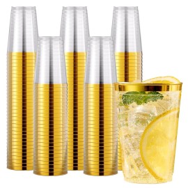 JOLLY CHEF 200 Pack 12 oz Gold Plastic Cups Elegant Gold Rimmed Disposable Cups Heavy-Duty Party Cups for Wedding, Thanksgiving, Christmas Parties