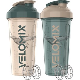 VELOMIX -2 Pack- 28 oz Protein Shaker Bottles for Protein Mixes - 2x Wire Whisk | Leak Proof Shaker Cups for Protein Shakes | Protein Shaker Bottle Pack | Shakers for Protein Shakes-Blue&Beige