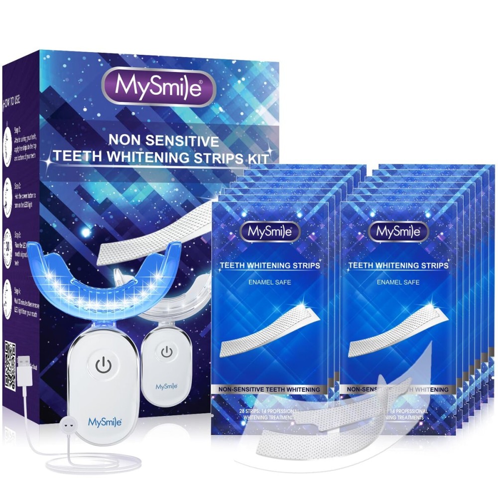 MySmile Teeth Whitening Strips Kit 14 Treatments with 28 LED Light - 10 Min Non-Sensitive Fast Whitening Teeth Enamel Safe Teeth Whitener - Helps to Remove Deep Stains