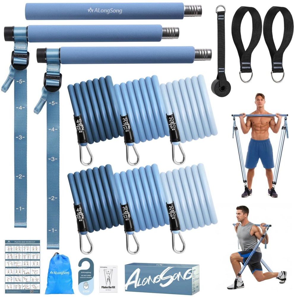 ALongSong Upgraded Pilates Bar Kit with Resistance Bands Natural Latex, Adjustable Exercise Equipment Multifunctional Yoga Pilates Stick for Home Gym Supports Full-Body, Denim Blue