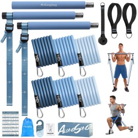ALongSong Upgraded Pilates Bar Kit with Resistance Bands Natural Latex, Adjustable Exercise Equipment Multifunctional Yoga Pilates Stick for Home Gym Supports Full-Body, Denim Blue