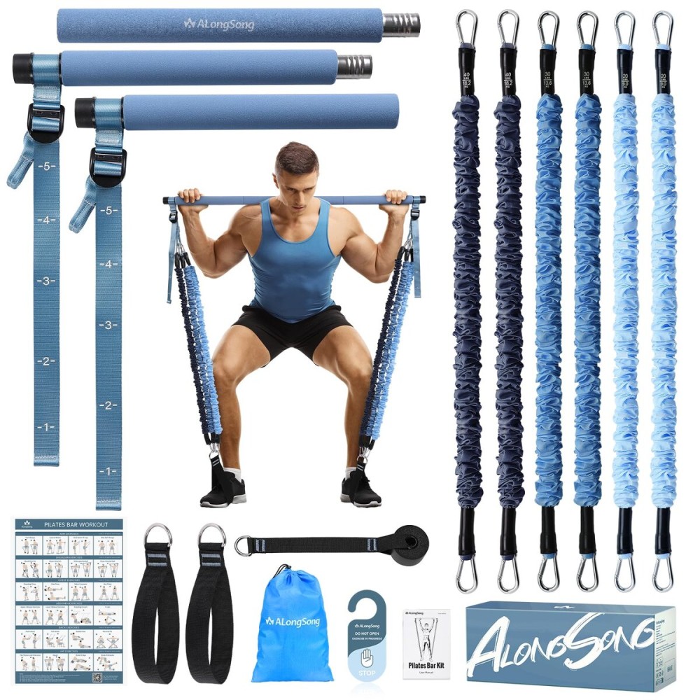 ALongSong Upgraded Pilates Bar Kit with Resistance Bands Fabric Wrapped Natural Latex, Adjustable Exercise Equipment Multifunctional Yoga Pilates Stick for Home Gym Supports Full-Body, Denim Blue
