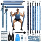 ALongSong Upgraded Pilates Bar Kit with Resistance Bands Fabric Wrapped Natural Latex, Adjustable Exercise Equipment Multifunctional Yoga Pilates Stick for Home Gym Supports Full-Body, Denim Blue