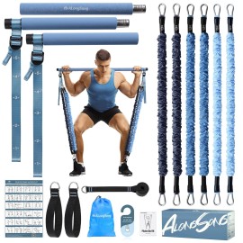 ALongSong Upgraded Pilates Bar Kit with Resistance Bands Fabric Wrapped Natural Latex, Adjustable Exercise Equipment Multifunctional Yoga Pilates Stick for Home Gym Supports Full-Body, Denim Blue