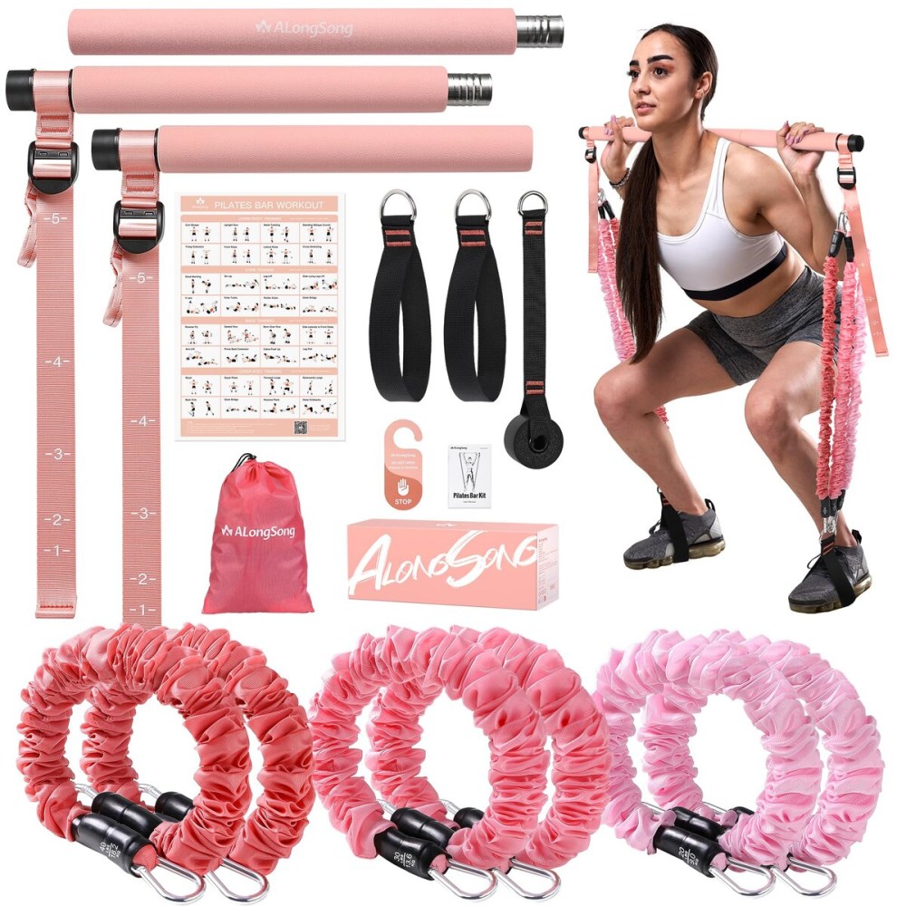 ALongSong Upgraded Pilates Bar Kit with Resistance Bands Fabric Wrapped Natural Latex, Adjustable Exercise Equipment Multifunctional Yoga Pilates Stick for Home Gym Supports Full-Body Workouts