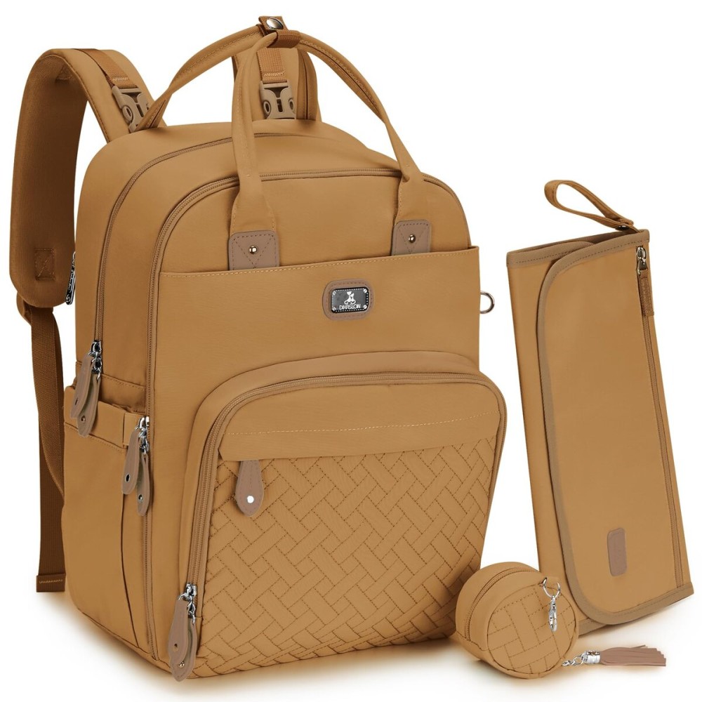 Dikaslon Diaper Bag Backpack with Portable Changing Pad, Pacifier Case and Stroller Straps, Large Unisex Baby Bags for Boys Girls, Multipurpose Travel Back Pack for Moms Dads, Tan