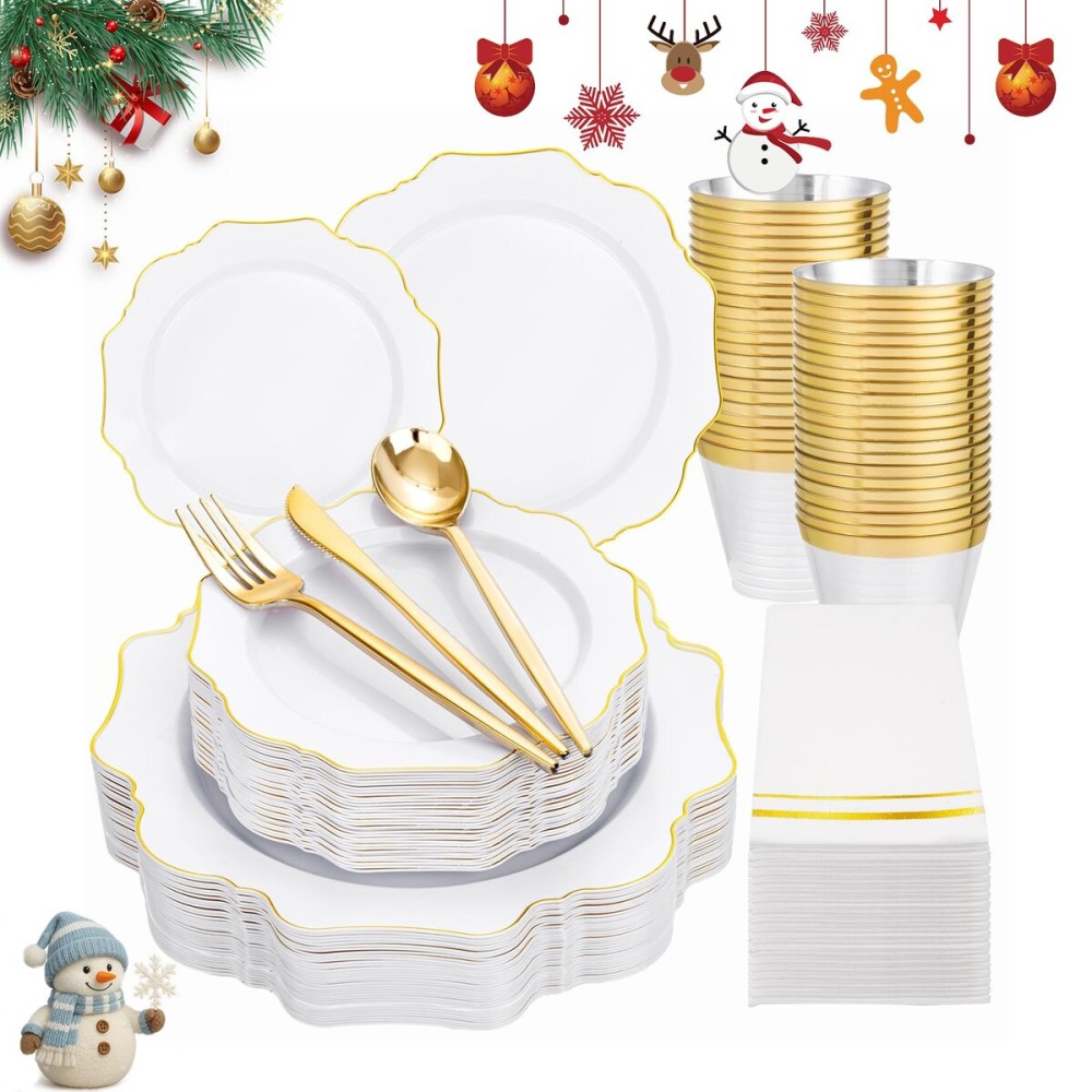 WDF 175Pcs Gold Plates Disposable - White and Gold Plastic Plates 25guest Plastic Dinnerware Ideal for Party/Wedding/Banquets/Thanksgiving/Christmas