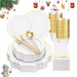 WDF 175Pcs Gold Plates Disposable - White and Gold Plastic Plates 25guest Plastic Dinnerware Ideal for Party/Wedding/Banquets/Thanksgiving/Christmas