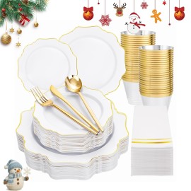WDF 175Pcs Gold Plates Disposable - White and Gold Plastic Plates 25guest Plastic Dinnerware Ideal for Party/Wedding/Banquets/Thanksgiving/Christmas