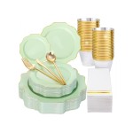 WDF 175Pcs Sage Green Plastic Plates With Gold Rim - Disposable Sage Green Plates 25guest Disposable Dinnerware Ideal for Party/Wedding/Spring Party