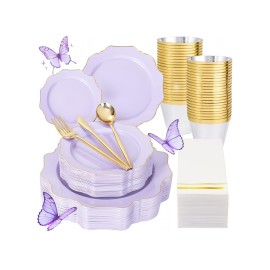 WDF 175Pcs Purple Plates Disposable - Lavender Plastic Plates 25guest Plastic Dinnerware Ideal for Birthday Party/Wedding/Spring/Picnic