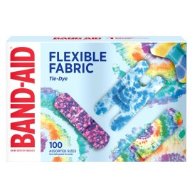 BAND-AID Brand Flexible Fabric Adhesive Tie-Dye Bandages, Fun Bandages Wound Care & Protection of Minor Cuts & Burns, Quilt-Aid Technology to Cushion Painful Wounds, Assorted Sizes, 100 ct