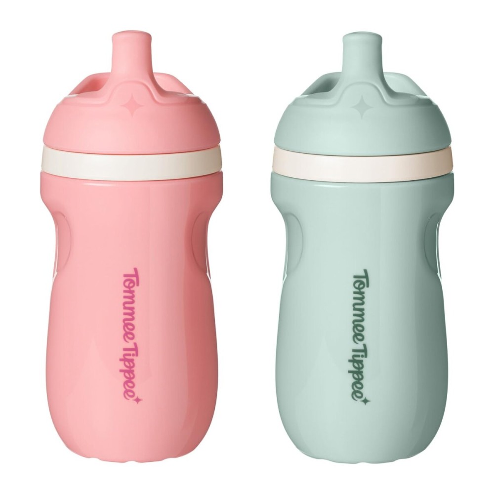 Tommee Tippee Insulated 9oz Sporty Spout Toddler Water Bottle, No Spill Sippy Cups for Toddlers 1-3, Two-Piece Valve Helps Stop Spills, BPA Free, Pink and Mint, Pack of 2