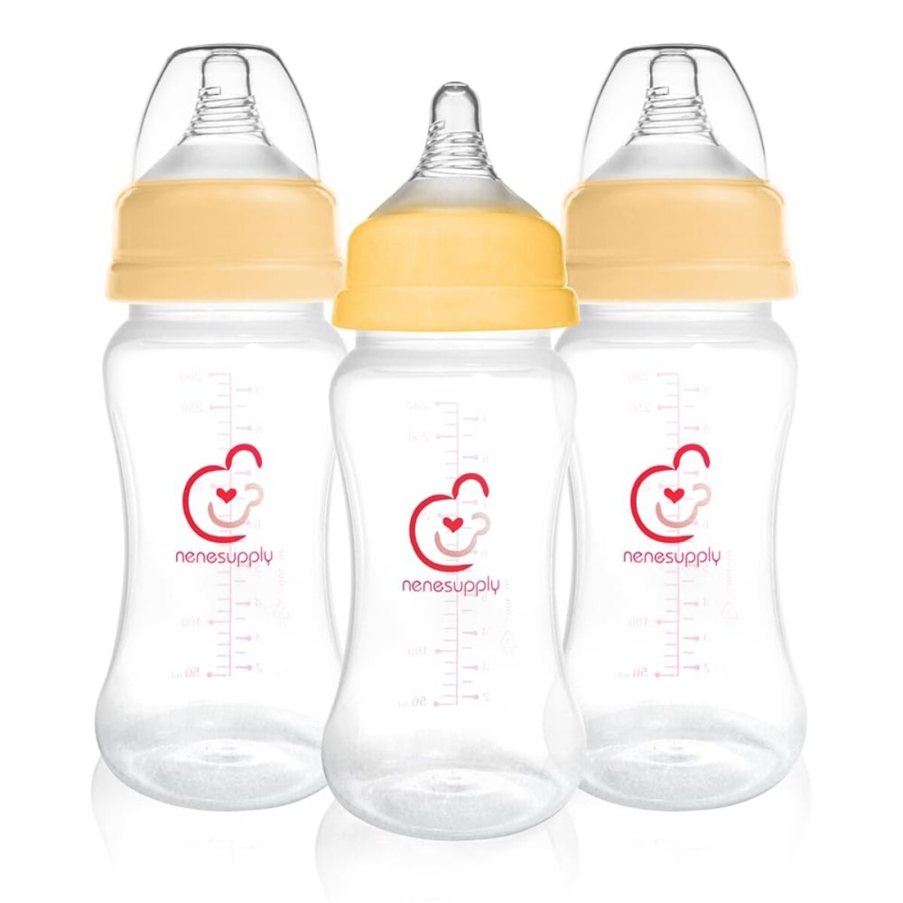 Nenesupply Natural Baby Bottles Newborn Feeding Bottles Slow Flow Breastfeeding Bottle for Breastfed Babies Wide Neck 9oz Anti Colic Level 2 Nipple for 1+ Month Infant Replace Spectra Bottle Pumping