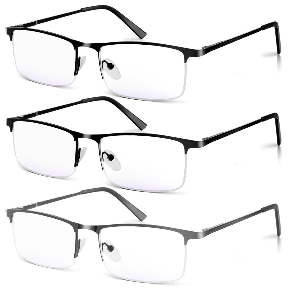 WEIMELTOY 3 Pack Blue Light Blocking Reading Glasses for Men, Stylish Half Frame Metal Computer Readers, Lightweight Spring Hinge Eyeglasses Anti Eyestrain/Glare/UV (2PCS Black+1PCS Gray,+0.0)
