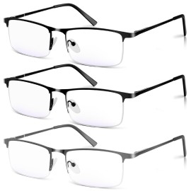 WEIMELTOY 3 Pack Blue Light Blocking Reading Glasses for Men, Stylish Half Frame Metal Computer Readers, Lightweight Spring Hinge Eyeglasses Anti Eyestrain/Glare/UV (2PCS Black+1PCS Gray,+0.0)