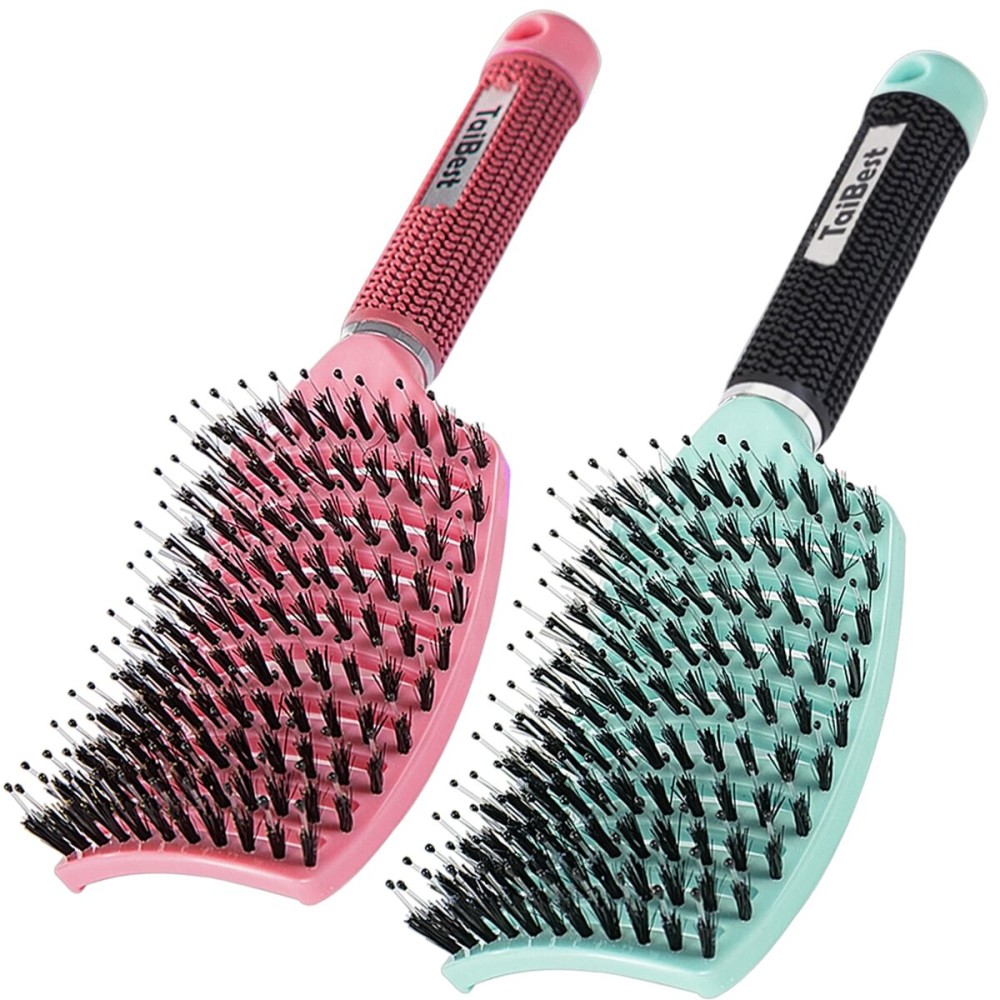 TaiBest Boar Bristle Hair Brush Set - Dry/Wet Hair Brush Detangler for Fine, Thick, Curly Hair - Curved and Vented Brush for Women, Men or Kids (Green & Apricot Pink)