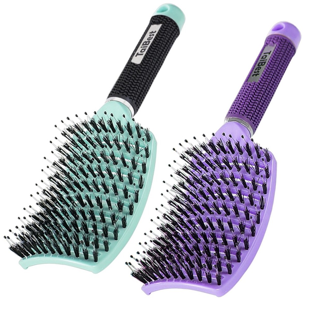 TaiBest Boar Bristle Hair Brush Set - Dry/Wet Detangler for Fine, Thick, Curly Hair - Curved and Vented Brush for Women, Men or Kids (Purple & Green)