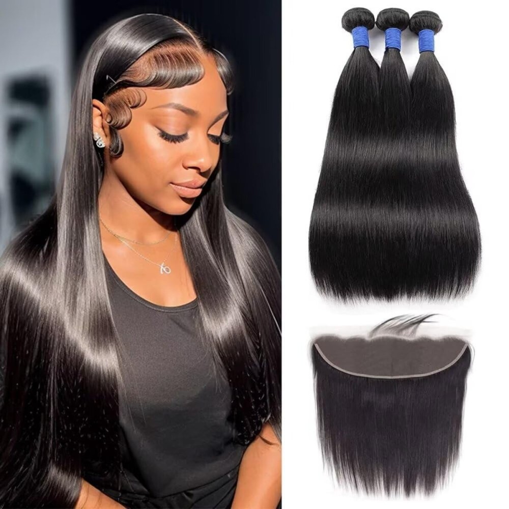 10A Straight Bundles with Frontal 12 14 16 with 10 Inch Human Hair Bundles with Closure 100% Unprocessed Brazilian Virgin Human Hair Weave 3 Bundles with Frontal HD Lace