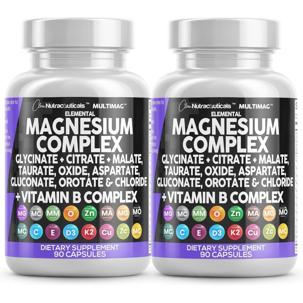 Clean Nutraceuticals Magnesium Complex with Magnesium Glycinate Citrate Malate Oxide Taurate Aspartate Orotate & Mag Chloride, Zinc Copper Manganese (90 Count (Pack of 2))