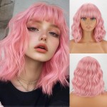 MISSQUEEN Pink Wig with Bangs Short Pink Wavy Wigs for Women 12in Natural Heat Resistant Fiber Synthetic Curly Light Pink Bob Wigs for Women Girls Daily Party Holiday Festival Chrismas Used