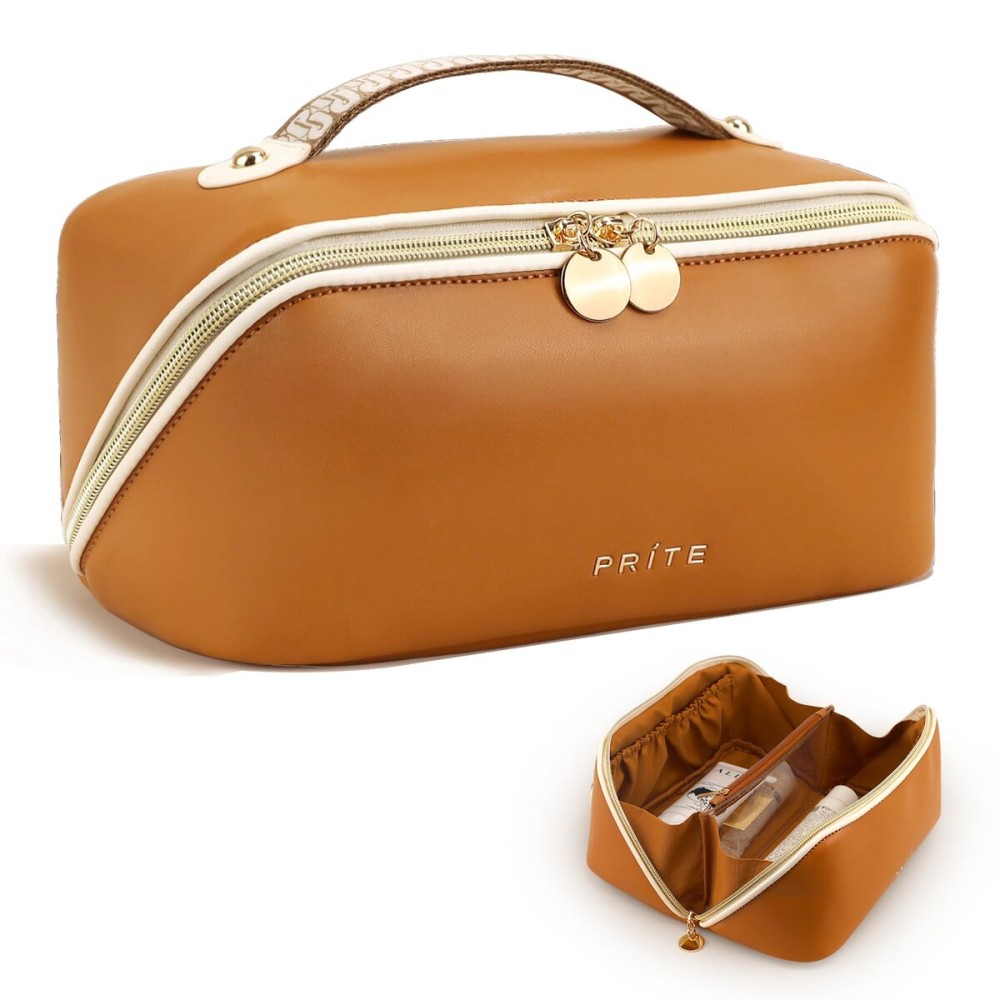 Prite Makeup Bag for Women Travel Waterproof Vegan Leather Cosmetic Bag Open Flat Toiletry Bag With Clear Divider and Handle (Large Brown)
