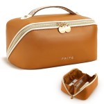 Prite Makeup Bag for Women Travel Waterproof Vegan Leather Cosmetic Bag Open Flat Toiletry Bag With Clear Divider and Handle (Large Brown)