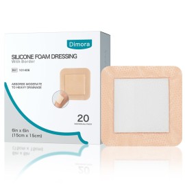 Dimora Silicone Foam Dressing with Border Adhesive 6x6 Waterproof Wound Dressing Bandage for Wound Care 20 Pack