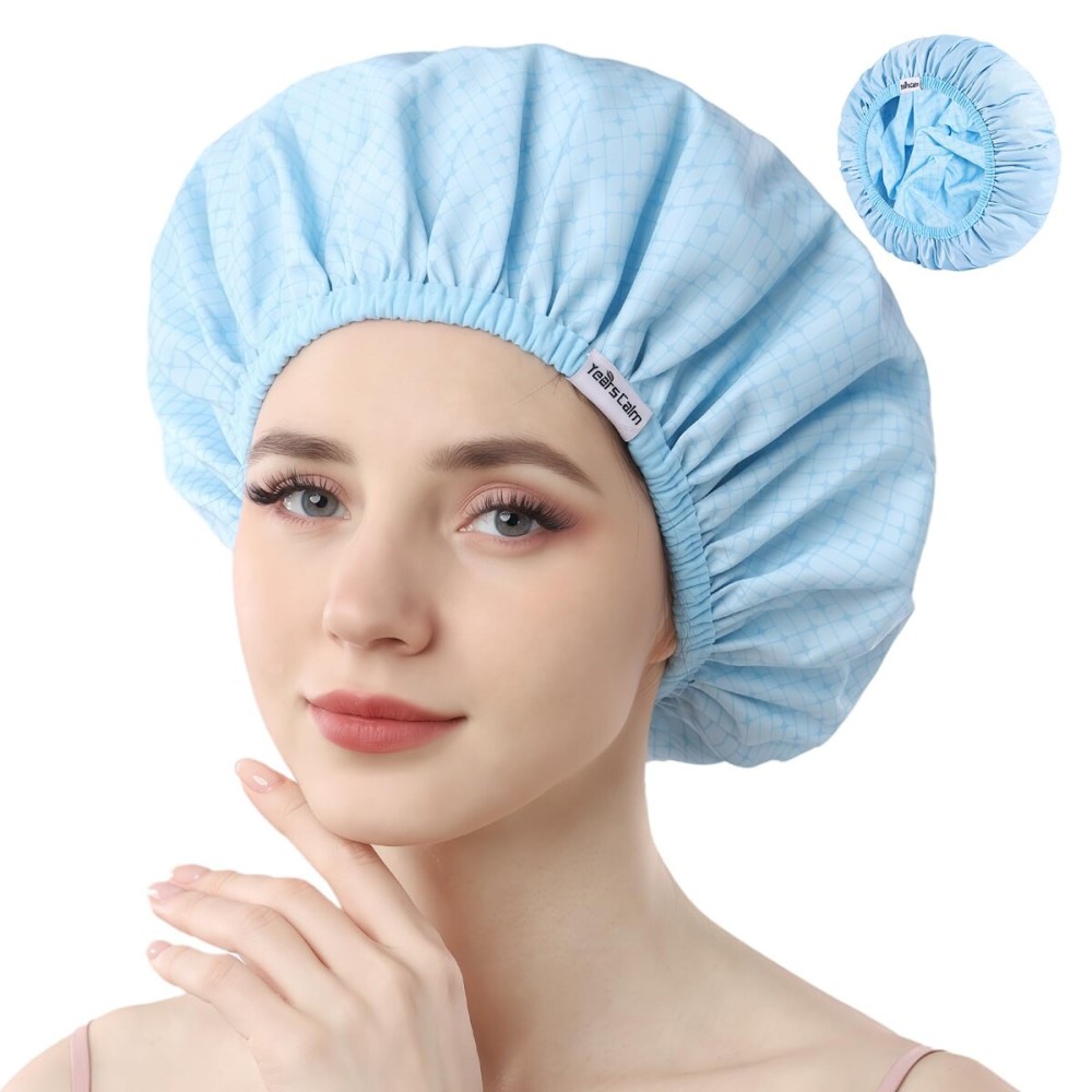 Years calm Shower Caps For Women Reusable WaterproofPattern And Solid Color Dual-Layer Design For Dual-Layer UsableProtects Hair In Shower, Spa, Cooking, Clean & Travel (Blue, Extra Large)