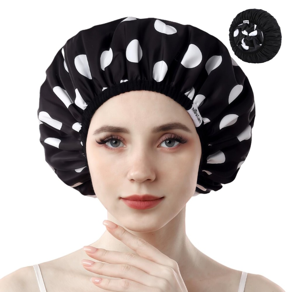 Years Calm Shower Caps For Women Reusable WaterproofPattern And Solid Color Dual-Layer Design For Dual-Layer UsableProtects Hair In Shower, Spa, Cooking, Clean & Travel (Black, Extra Large)