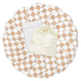wegreeco Nursing Breast Pads (14 Pack) + Laundry Bag & Travel Storage Bag, 4.7 inch Option - Washable & Reusable Breastfeeding Nursing Pads (Light Coffee Checkerboard, Large, Plain Shape)
