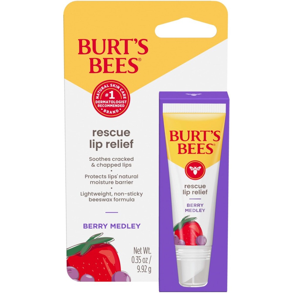 Burt\'s Bees Stocking Stuffers, Rescue Lip Relief, Berry Medley, Hydrating Lip Balm for Dry Cracked Lips, with Responsbily Sourced Beeswax and Shea Butter, 100% Natural Origin, 1 Squeezy Tube, 0.35oz