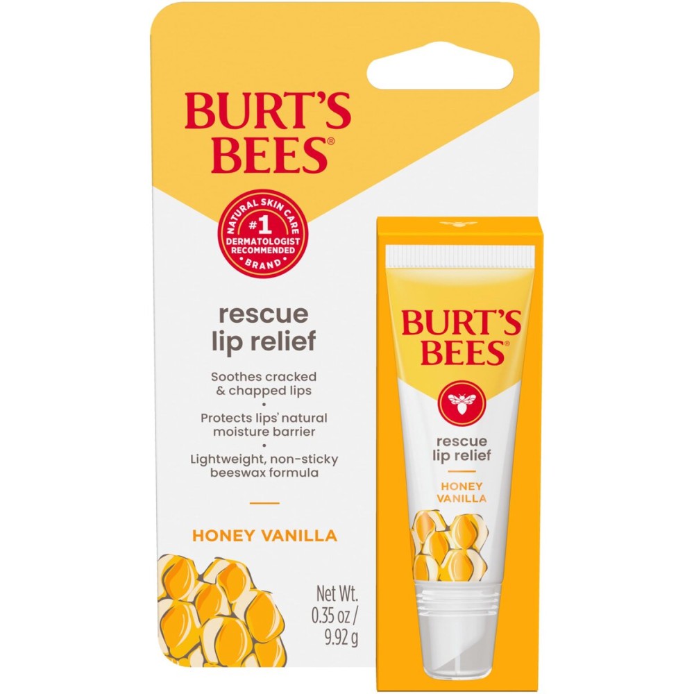 Burt\'s Bees Stocking Stuffers, Rescue Lip Relief, Honey Vanilla, Hydrating Lip Balm for Dry Cracked Lips, with Responsbily Sourced Beeswax and Shea Butter, 100% Natural Origin, 1 Squeezy Tube, 0.35oz