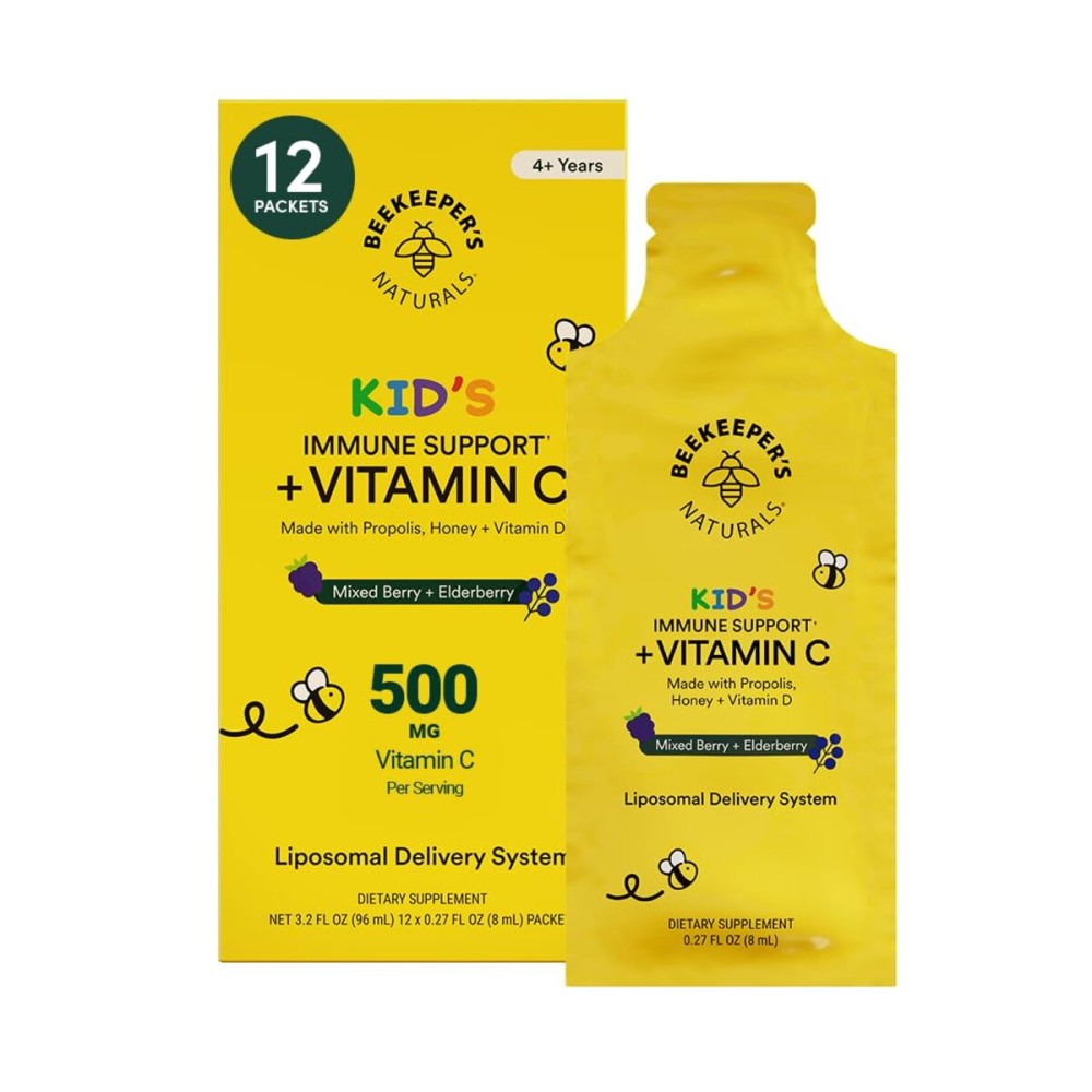 Kid\'s Immune Liposomal Vitamin C by Beekeeper\'s Naturals, 500 mg Vitamin C, Elderberry, Vitamin D, Propolis & Honey, Kid-Friendly Immune Support - Mixed Berry Flavor, Easy to Use, Bioavailable, 12 Ct