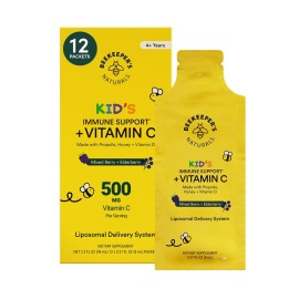 Kid\'s Immune Liposomal Vitamin C by Beekeeper\'s Naturals, 500 mg Vitamin C, Elderberry, Vitamin D, Propolis & Honey, Kid-Friendly Immune Support - Mixed Berry Flavor, Easy to Use, Bioavailable, 12 Ct